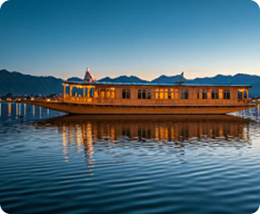 Houseboat on a calm lake at dusk